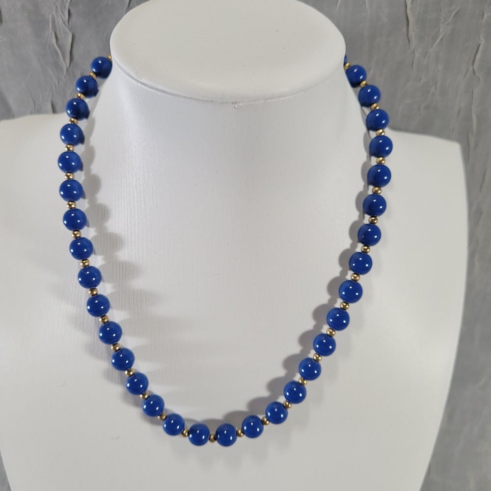Monet Beaded Necklace Womens Blue Gold Tone Round Bead Classic Strand